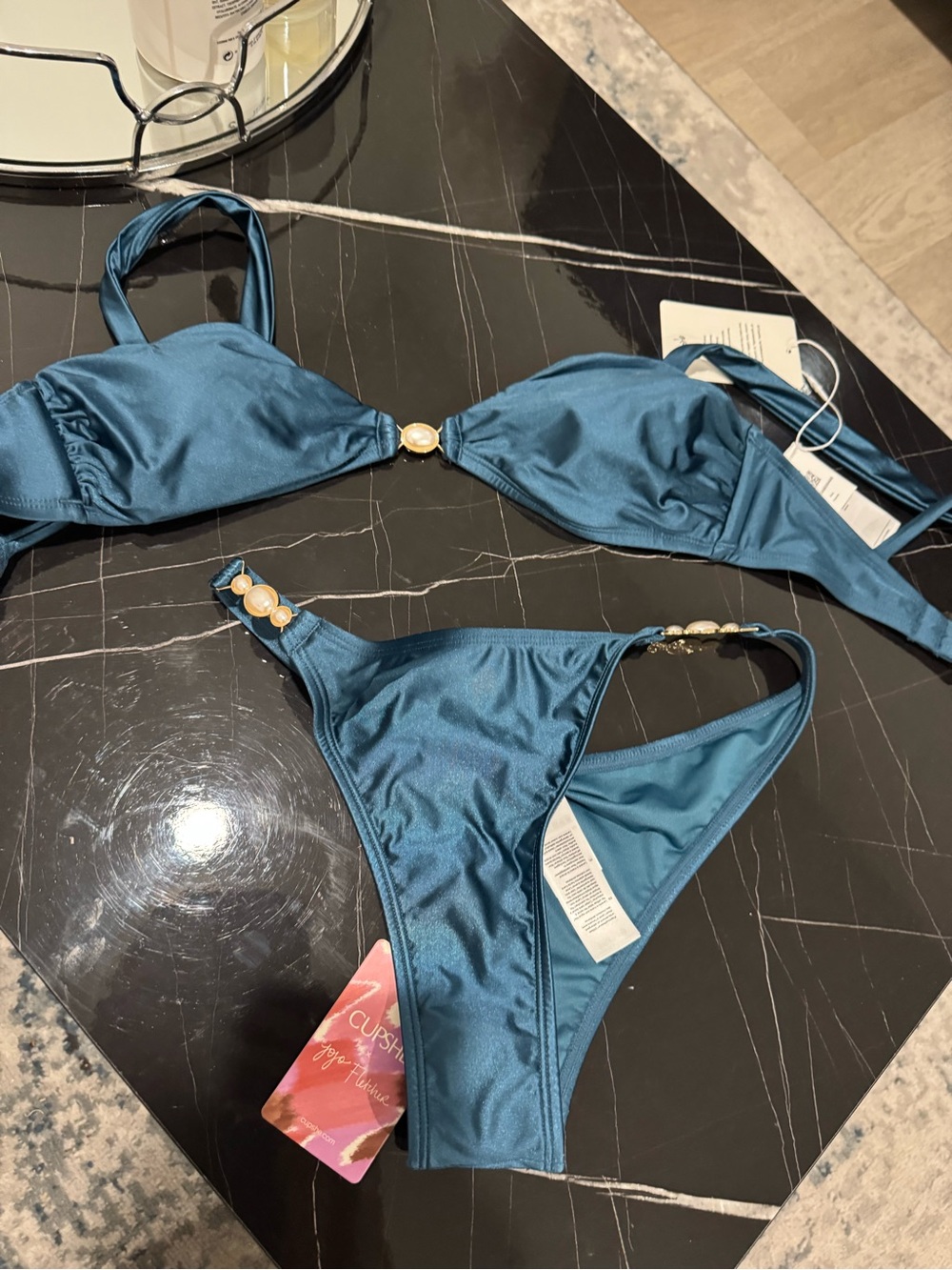 New nwt jojo fletcher x cupshe Teal Blue Two-Piece Bikini with Gold Accents